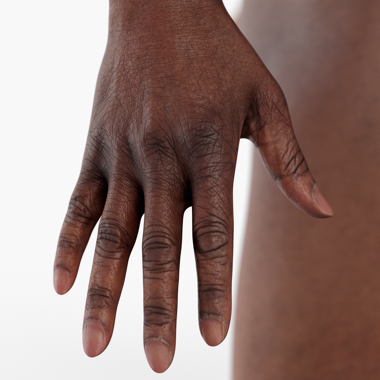 Detailed hand render from a male 3D body scan showing finger geometry, skin texture, and knuckle surface detail